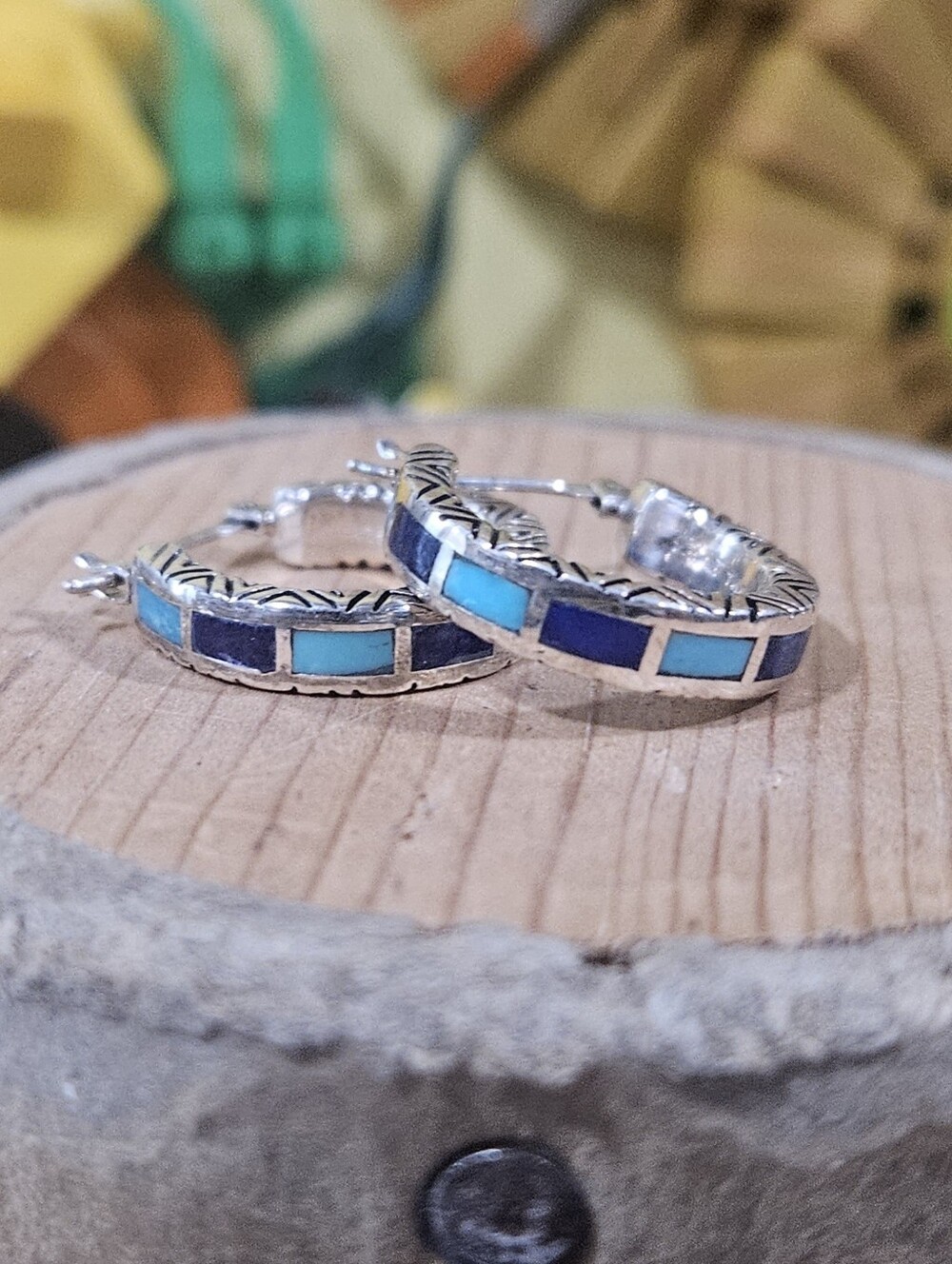 Silver, Turquoise & Lapis Hoop Earrings Coleman C Co Southwestern EUC